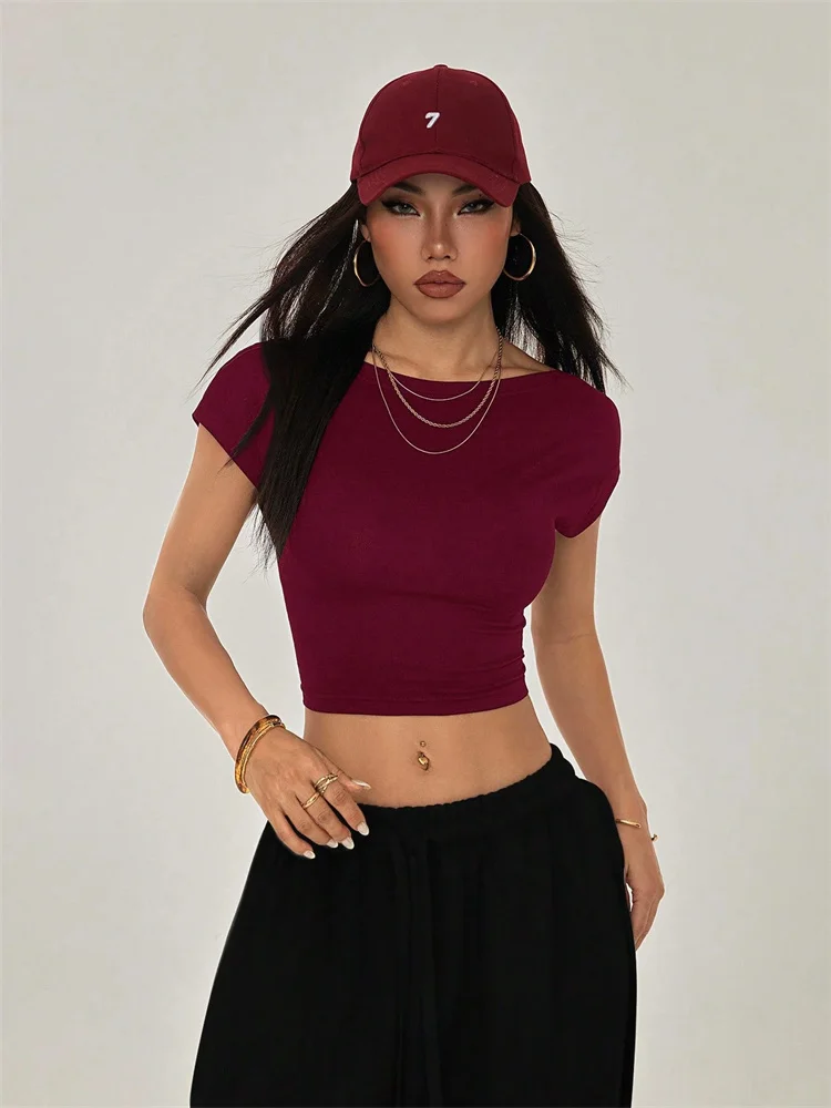 Sexy Backless Short Sleeve T Shirt Women Summer Grunge Y2K Clothes High Street Style Plain Black Crop Tee Top Streetwear 2024 3