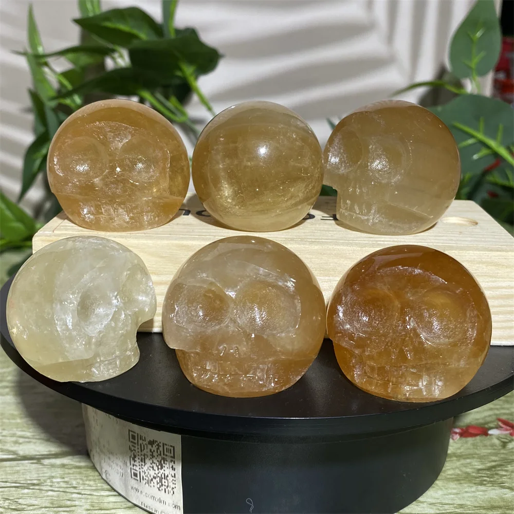 Golden Calcite Skull Crystal Cranium Craft Natural Spiritual Mineralsl Feng Shui Reiki Stone Quartz Carving Home Decoration