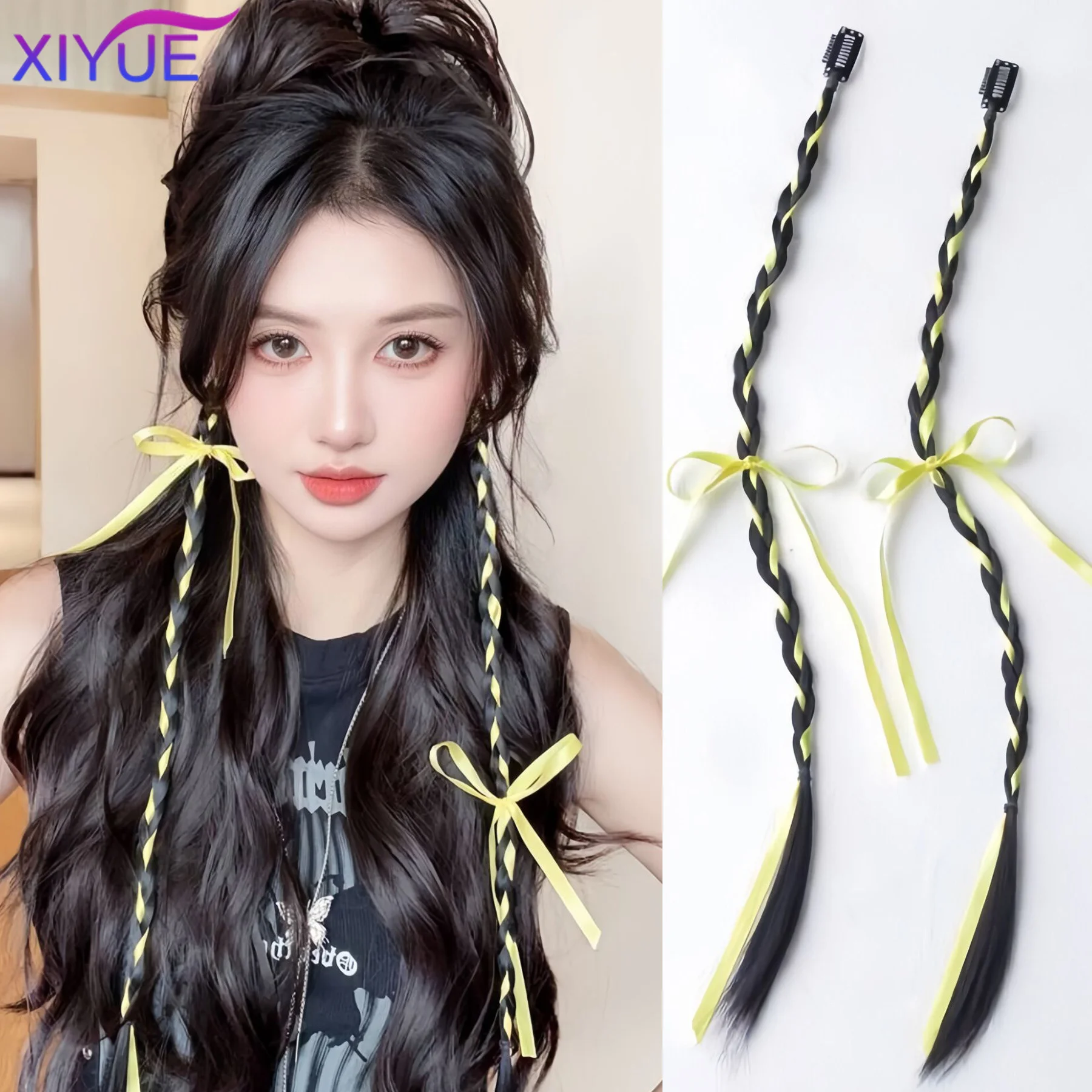 XIYUE 22 Inch Synthetic Ballet Style Ribbon Wig Women Sweet Simple Hair Braided Dreadlocks Hair Accessories Dating Headwear