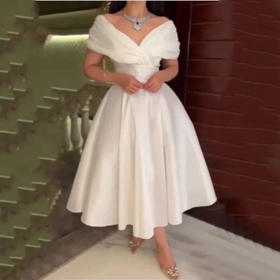 White Off Shoulder A-Line Evening Dress Tea Length Вечернее платье V Neck Taffeta Formal Party Gown robe de soir