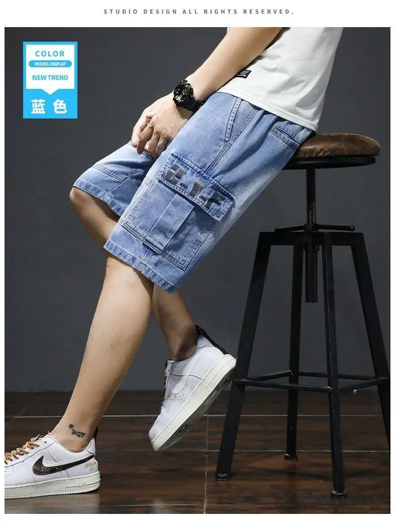 Harajuku Fashion Drawstring Designer Korean Luxury Boyfriend Multi Pocket Loose Casual Denim Jeans Men Summer Knee Length Shorts