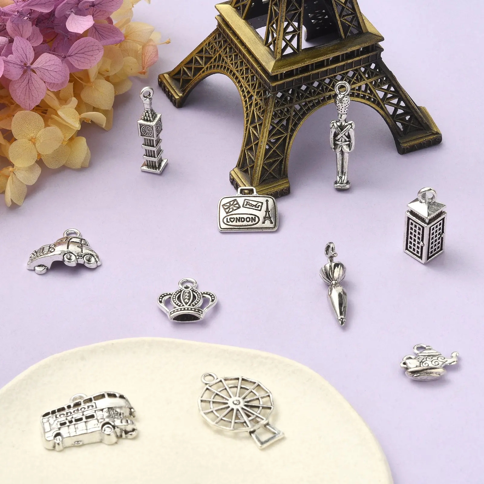 100Pcs 10 Styles London Theme Charms Antique Silver Big Ben Windmill Bus Car Charms Tibetan Travel Charms for Jewelry Making