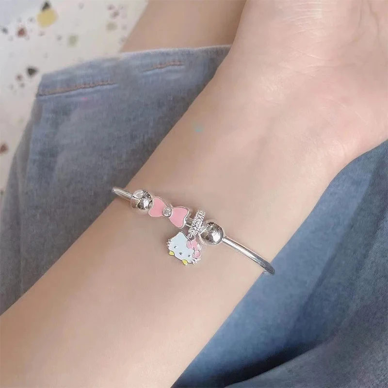 

1Pc Anime Sanrio Figure Hello Kitty Bracelet Cartoon Silver Color Pendant Necklace Girls Jewelry Accessories Birthday Gift