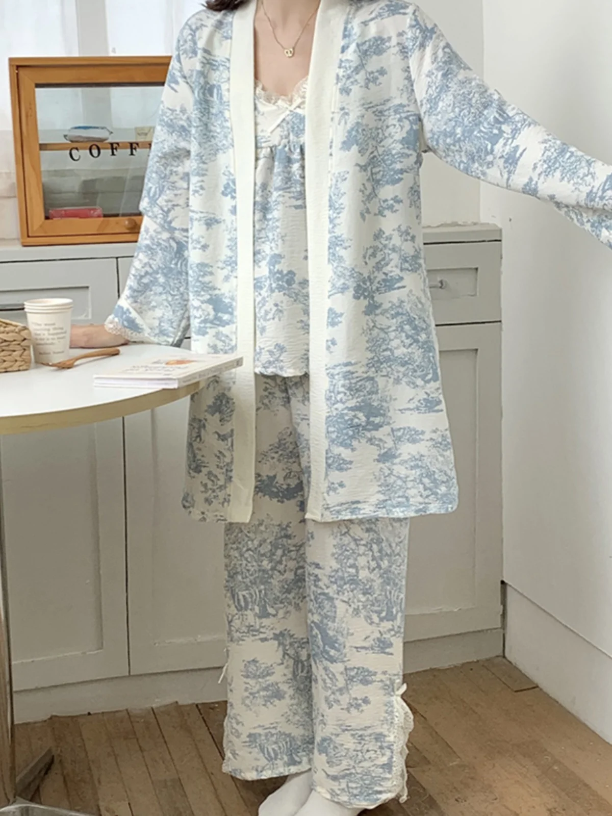 ملابس نوم نسائية بأكمام طويلة من قطن السحاب، طقم م...