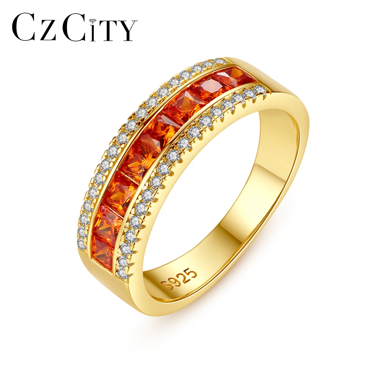 

CZCITY Orange Cutting Topaz 925 Silver Sterling Rings for Women Tiny Sparkling CZ Paved Fine Jewelry Luxury Red Gemstone Gifts
