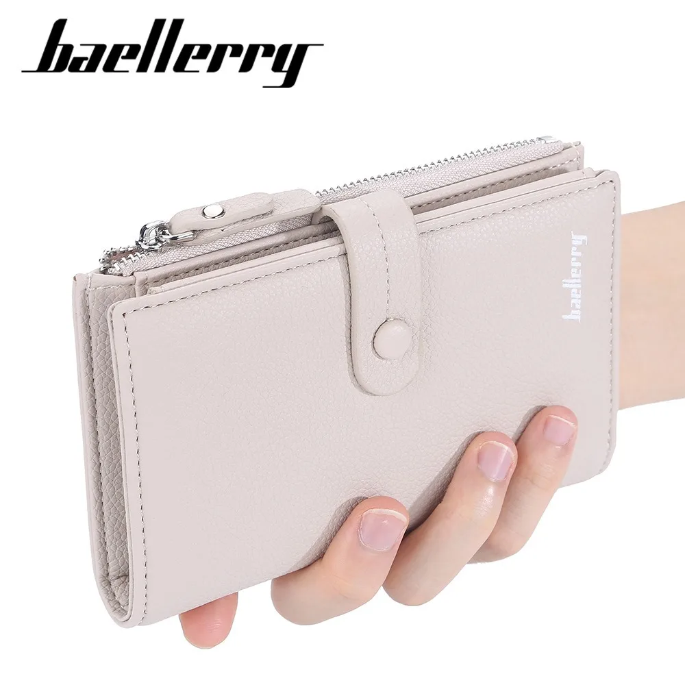 Baellerry 2025 Women's Long Wallet with Buckle - Litchi Grain Pu leather Multi Card Slots, Zipper Coin Pocket Gift