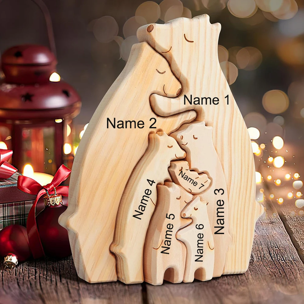 Custom Name Wooden Bear Family Ornaments Personalized Wood Carving Bear Puzzle Christmas Birthday Gift home decor action figure