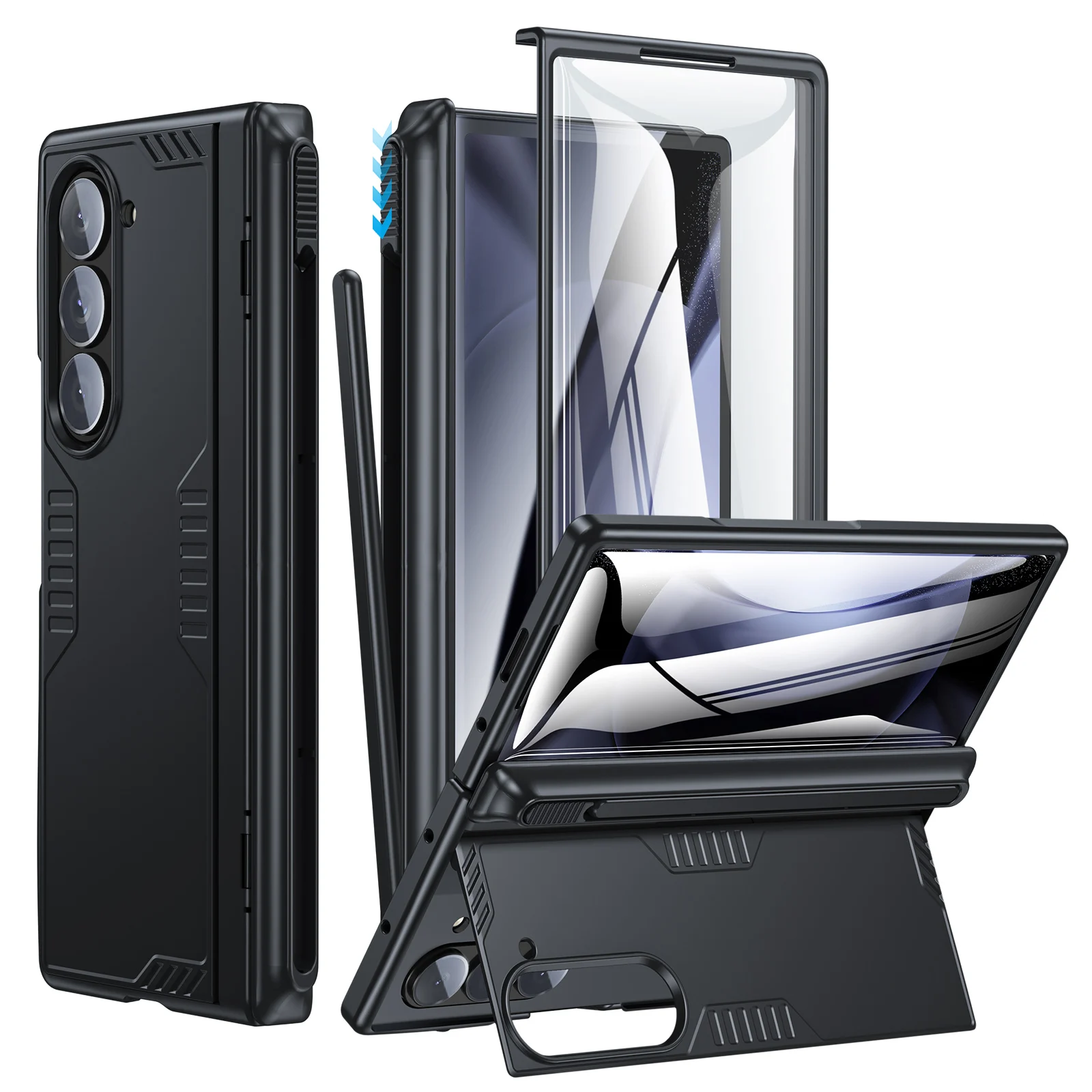 ‌Heavy-Duty Shockproof Phone Case with S Pen Holder & Screen Protector, Full-Body Hinge Protection Cover