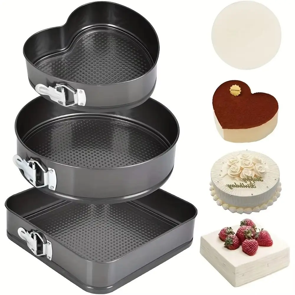 Lot de 3 Moules à Gâteau en Acier Carbone – Formes Cœur, Rond et Carré avec Fond Amovible 1