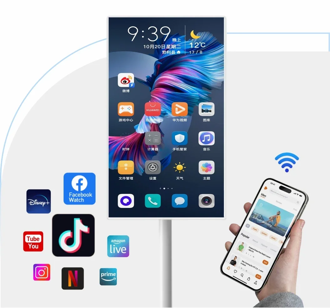 Free Standing Tv 21.5 Inch Touch Screen Portable Tv Smart Mobile Display Rechargeable 360 Rotating Stand Wireless Television