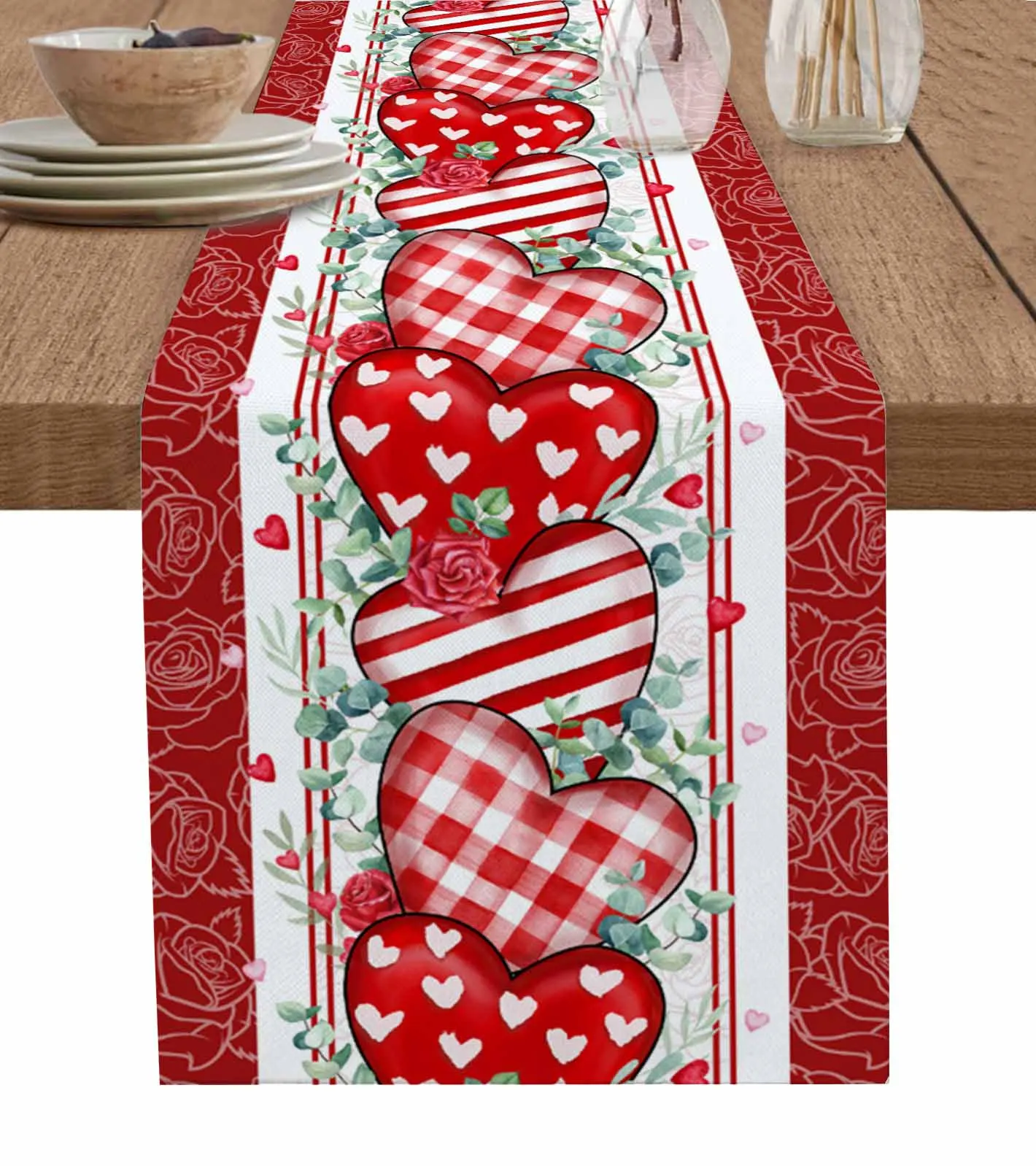 

Valentine'S Day Red Love Eucalyptus Leaves Roses Table Runner Party Dining Table Cover Cloth Placemat Napkin Home Kitchen Decor