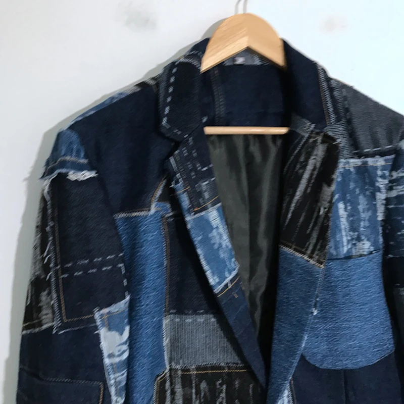 PFHQ Men's Hole Denim Patchwork Wearproof Blazers Tide Creativity Personality Worn Out Vintage Autumn Streetwear Jackets 21Z1387