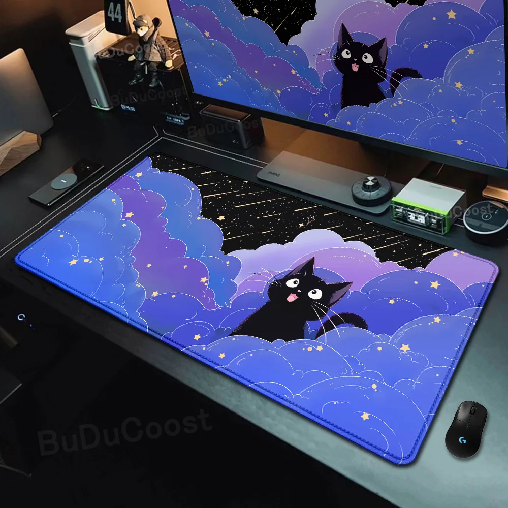 Kawaii Black Cat Mousepad, schnelle Lieferung, Tastatur-Schreibtischunterlage, 40 x 90 cm, Schlosskante, verlängertes Mauspad, Sternenhimmel, Bürotischschutz