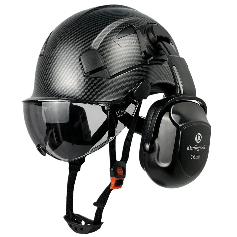 DARLINGWELL Carbon Fiber Pattern Safety Helmet Visor With Goggles Earmuffs For Engineer Work Construction Hard Hats CE EN397 Cap