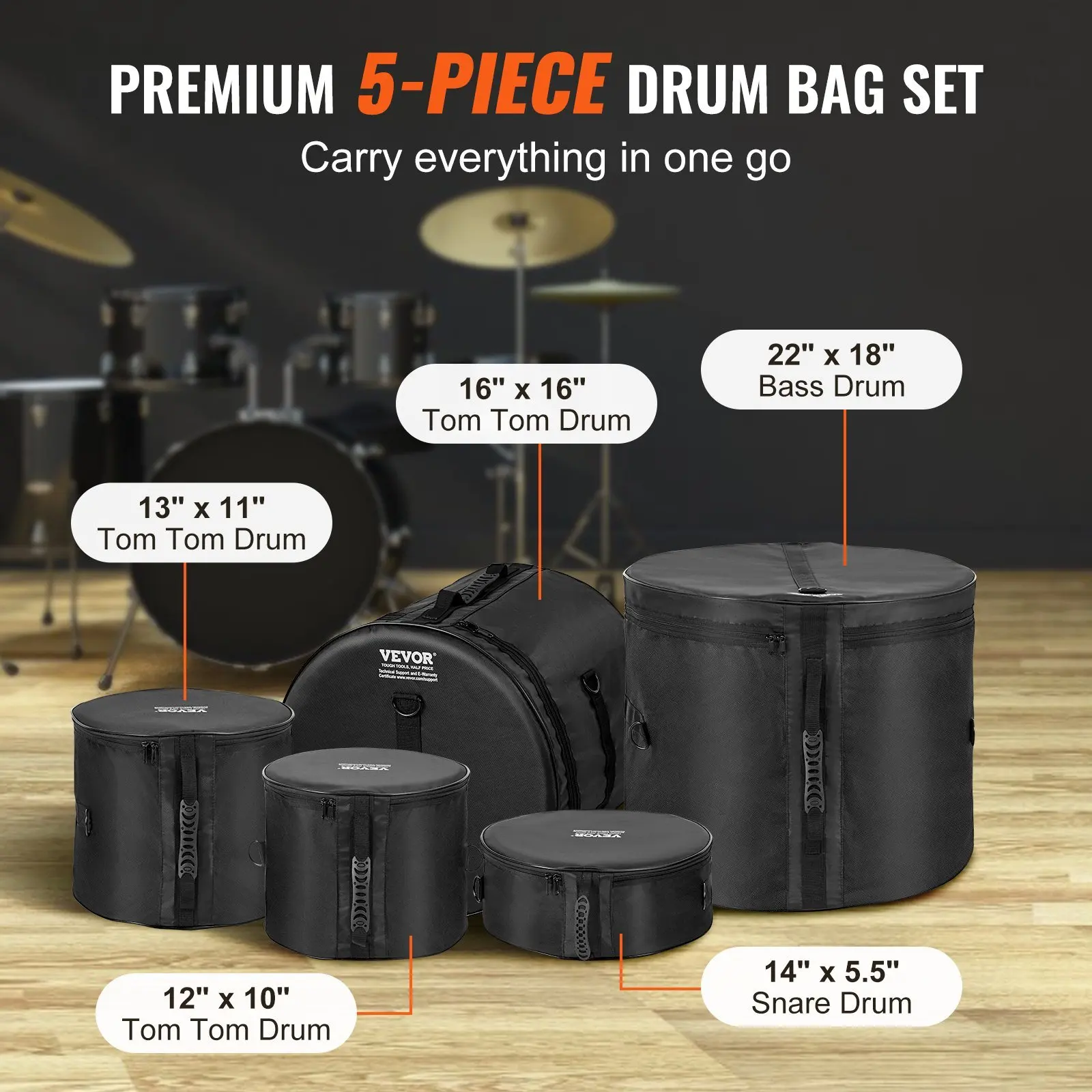 5-Piece Drum Bag Set, 1680D Oxford Fabric, Padded Drum Bags and Cases with 4.92 ft Detachable Shoulder Strap Carry Handles 3