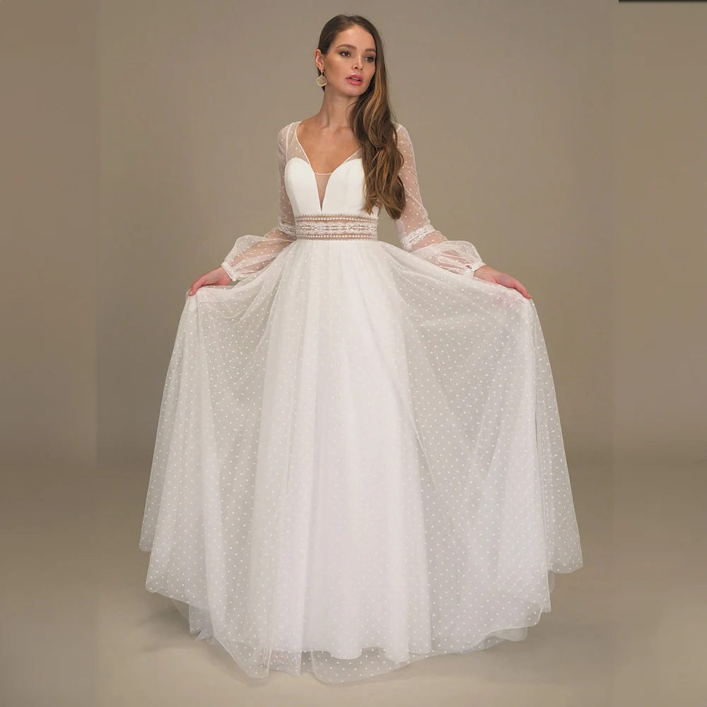 

Elegant Long Sleeve Spottted Tulle Lace V-neck Boho Wedding Dresses for Bridal A-line Court Wedding Party Gown robe de mariée