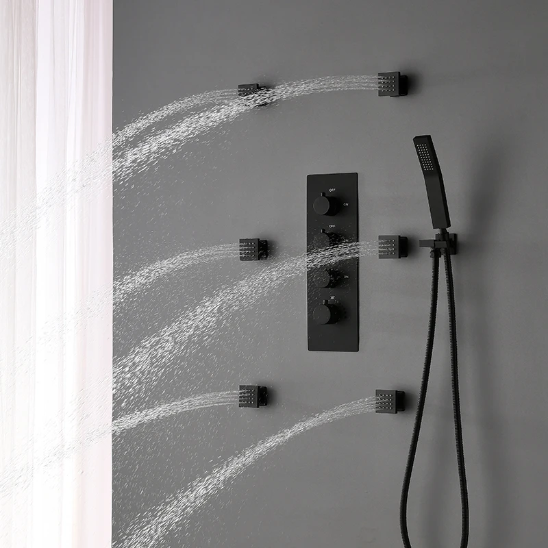 

Thermostatic Bathroom Shower Faucet In Wall Matt Black Bath and Shower Faucet Set Thermostatic Mixer Bath and Rainfall Shower