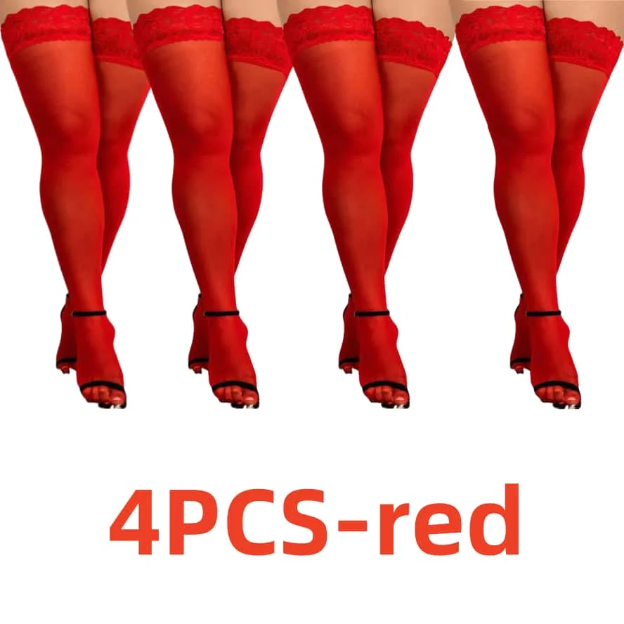 4 Paare/satz Elastische Spitze Über Knie Oberschenkel Hohe Strümpfe Sexy Dünne Schwarze Netzstrumpf Set Weiß Plus Größe Lange Socken für Frau – Detail 4