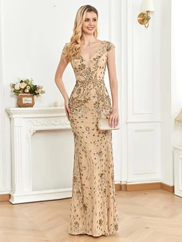 Elegant Champagne Evening Dress For Women Long, Luxury Mermaid Formal Sequins Prom Wedding Party Cocktail Dresses