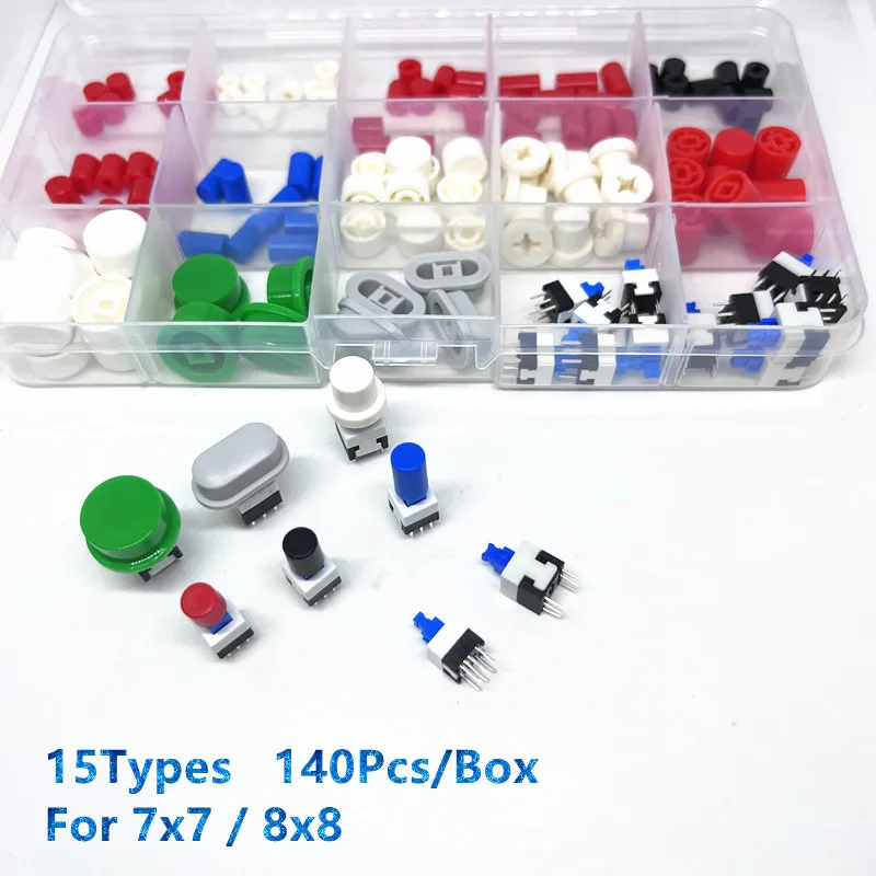 140PCS/Box 15Types button cap switch for 7x7 / 8x8 self-locking light touch button DIY Kits