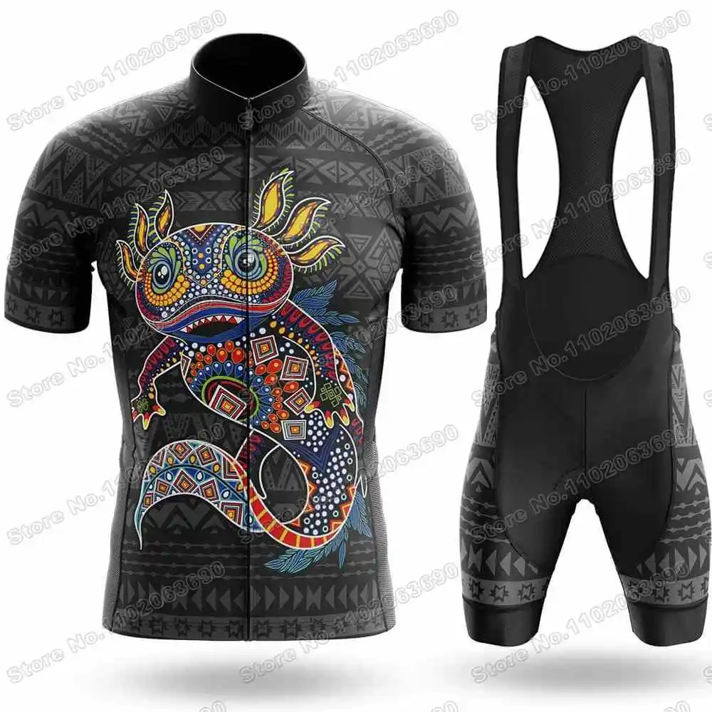 Mexico Cycling Clothing Mexican Aztec Axolotl Quetzalcoatl Aztec Jaguar Cycling Jersey Set Men Road Bike Shirt Suit MTB Uniform