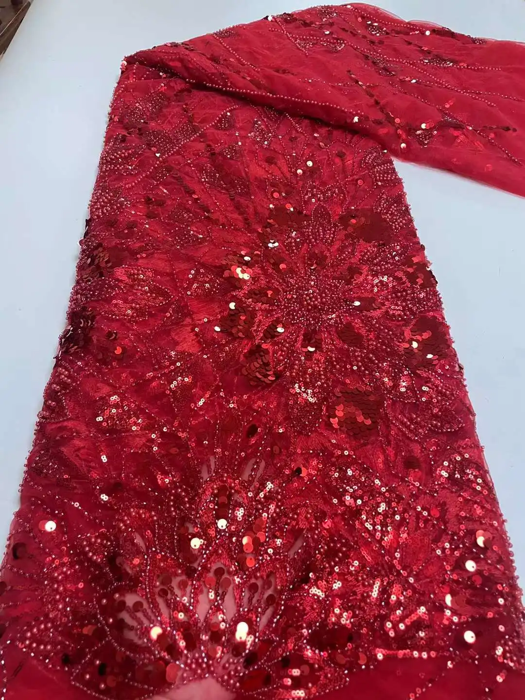 Nigerian Lace Fabric 2023 High Quality Embroidery African Orange Beads Sequins Tulle Latest French Lace Fabric For Wedding Party
