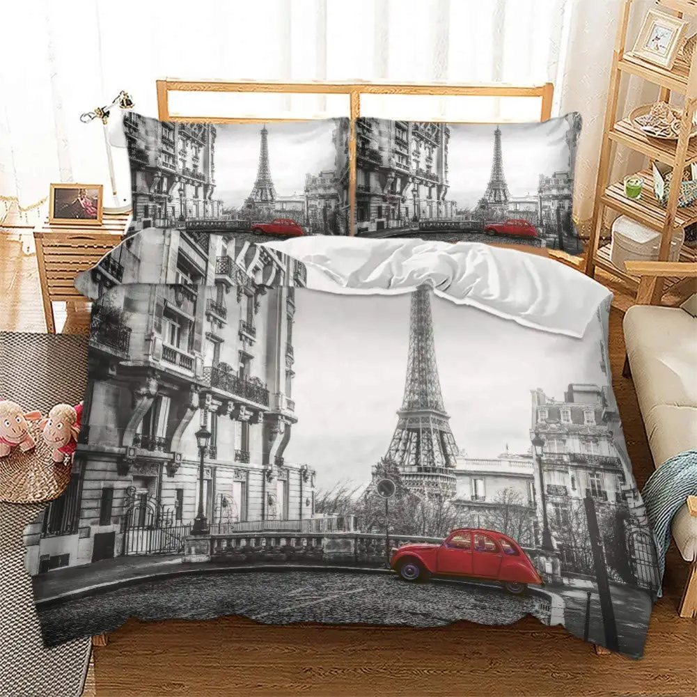 

Eiffel Tower Quilt Cover Set King/Queen Size Paris Bedding Set Girls Famous French Grey Cityscape Style Polyester Duvet Cover