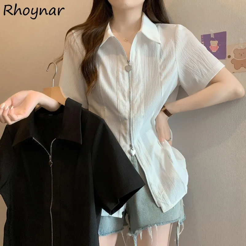 

Solid Zipper Shirt Women Short Sleeve Turn Down Collar Slim Defined Waist Ruched Design Fashion All-match Korean Style Cozy Fit