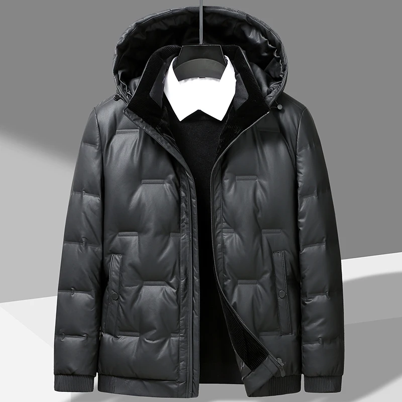 Men Duck Down Jackets Winter Outwear Solid Color Hat Detachable Warm Puffer Coats Windproof Loose Padded