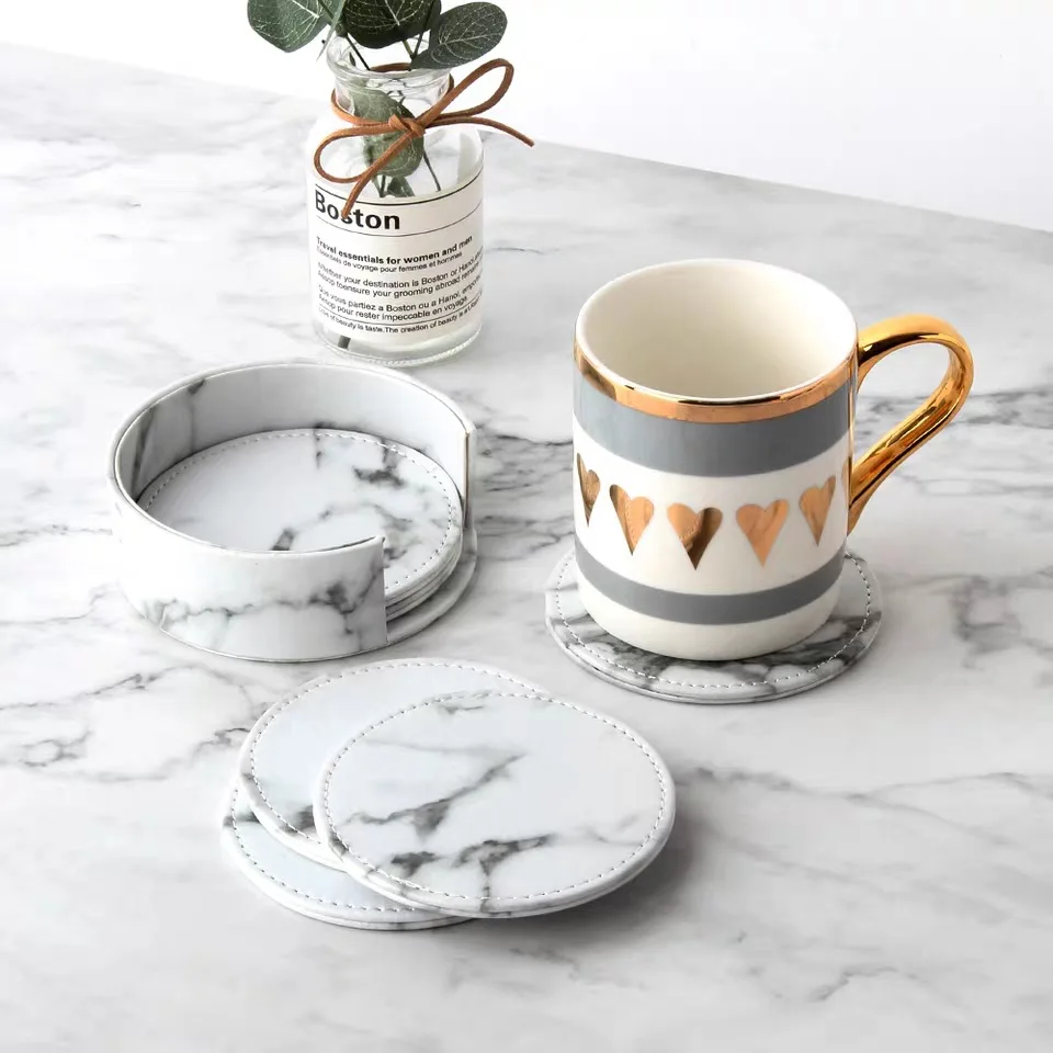 

6pcs Creative PU Leather Coaster Exquisite Heat Insulation Tea Mat Round Gift