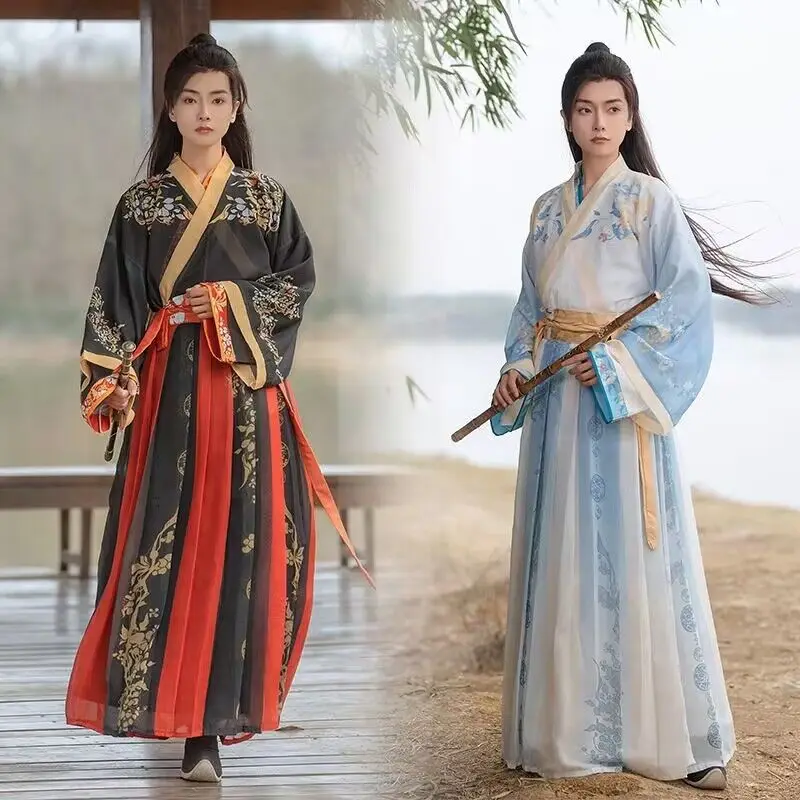 

Plus Size Men Hanfu Ancient Chinese Vintage Hanfu Male Halloween Carnival Cosplay Costume Black&Blue Hanfu 2pcs Sets For Men