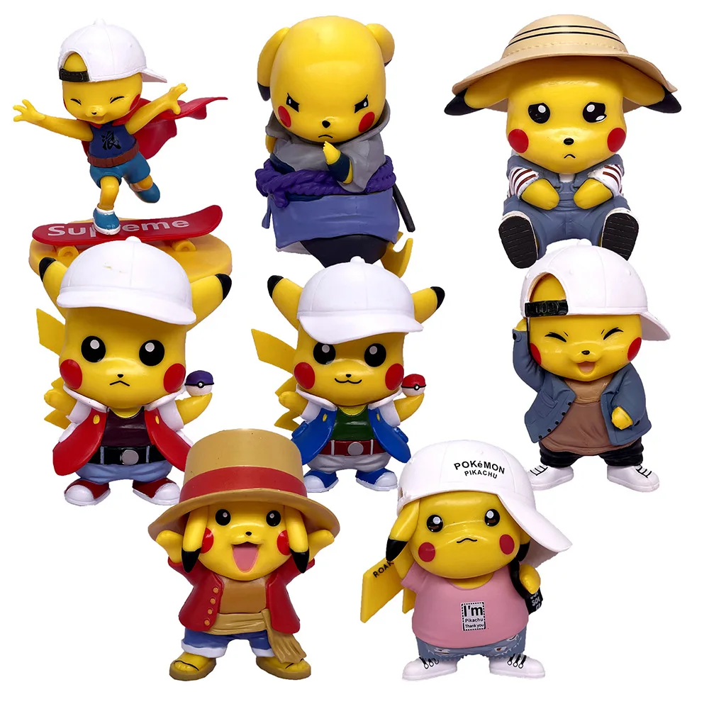Pikachu Figure Pokemon Sitting Anime Action Figure Car Ornament Doll Cowboy Suit Toy Regalo Per Bambini Versione Q Rufy Ash Ketchum