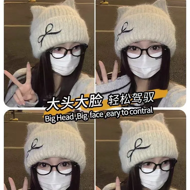 Women Bow KnittedCute Woolen Hat Beanie Hat Cat Ears Beanie All-match Skull Lovely Cap Winter and Autumn Cute Popular Hat