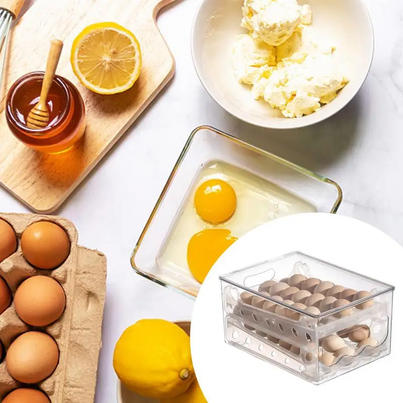 

Дозатор яиц для холодильника, 2-Ярусный держатель для яиц для холодильника, Автоматический складной компактный Штабелируемый контейнер для яиц