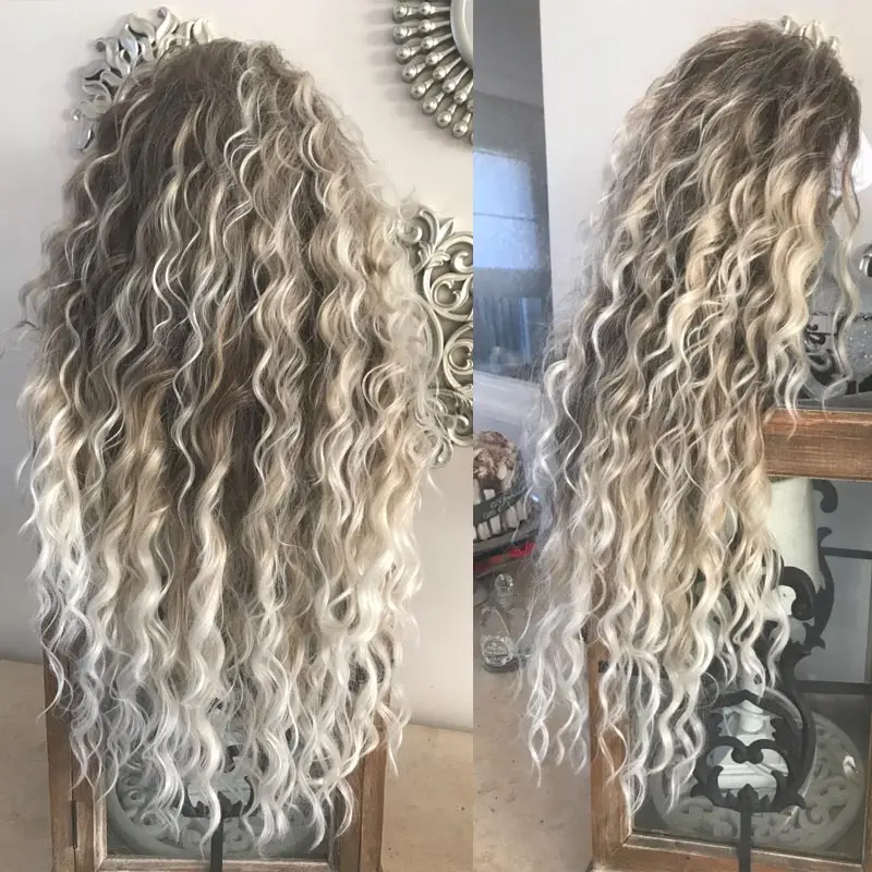 

Women's Fashion Long Curly Synthetic Wig Hot Sale Brown Roots Blonde Water Wave Fancy Dress Party Wigs for Fashion Lady