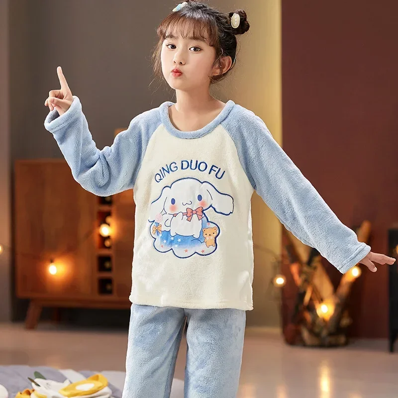 

Kawaii Sanrio Winter Warm Thicken Children Pajamas Set Casual Cinnamoroll Pajamas Suit for Kids Kuromi Flannel Fleece Sleepwear