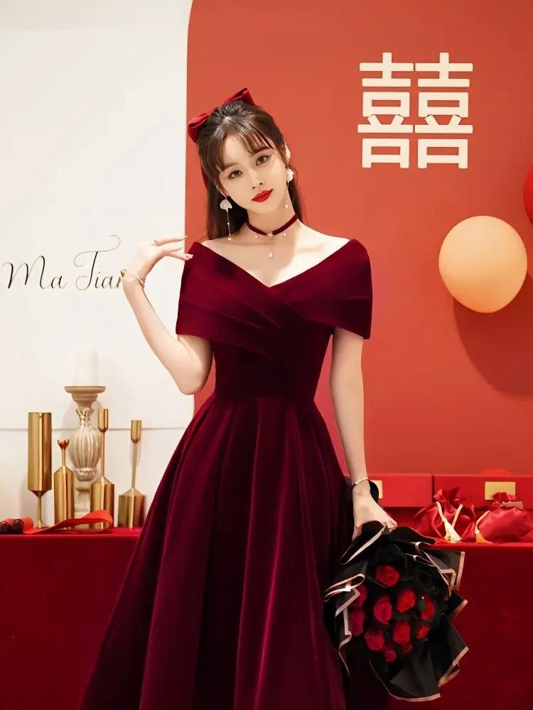 

Yourqipao Chinese Wedding Toasting Burgundy Toast Evening Dresses Traditional Cheongsam Long Women Engagement Dress Prom Gowns