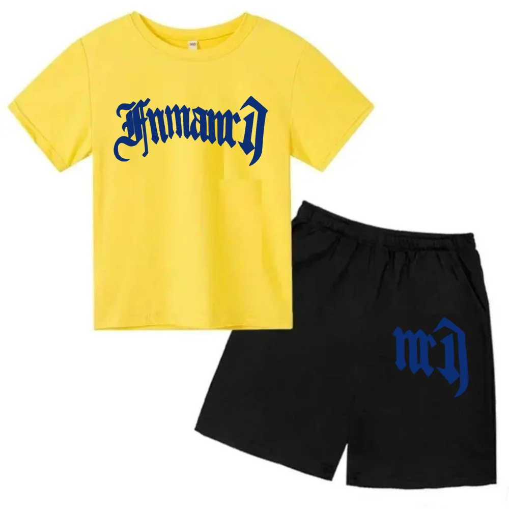 thumbnail image 1 of Ropa para niños con estampado de marca gótica, conjunto de camiseta y pantalones cortos de verano para adolescentes, 2 piezas, manga corta, moda informal para niños y niñas, 1 of 5