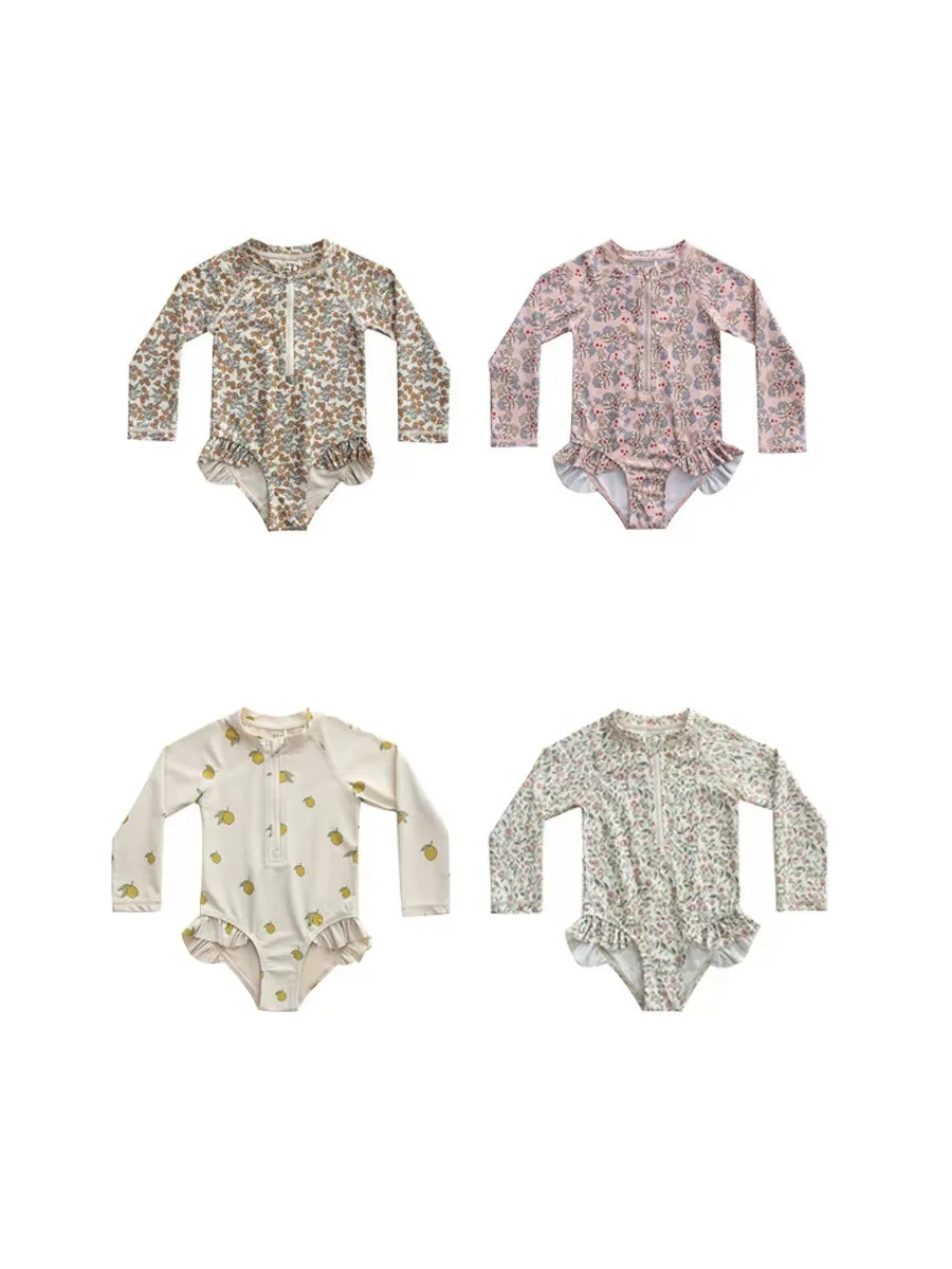 Flower Print Swimming Wear for Little Girls, Long Sleeved Swimsuits, UPF 50 + Sun Protection, High Quality