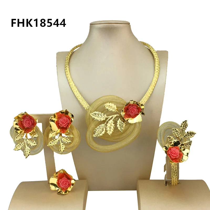 

Newest Big Flower Necklace Bold Nigeria Jewelry Sets For Women Bridal Wedding Party FHK18544