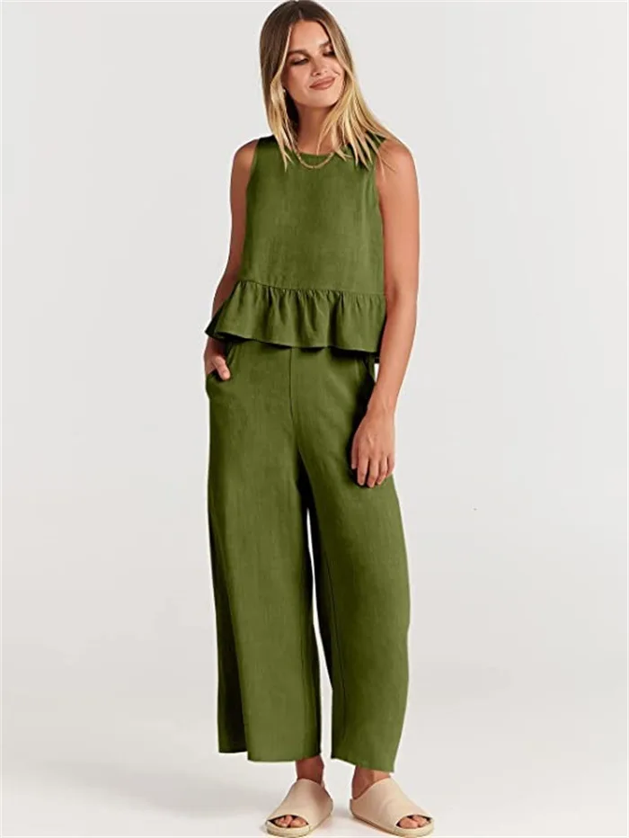 Women Summer Casual Linen 2 Piece Pants Set Solid Elegant Two Piece Suit Sleeveless Wide Leg Outfit 2023 New In Matcing Set -S4aeaafaa61544a15a1103b2cface2827F