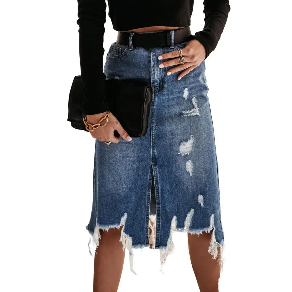 

High Waist Hip Wrapped Denim Skirt Pockets Front Split Zipper Flying Ripped Holes Irregular Hem Midi Dress Female Clothing