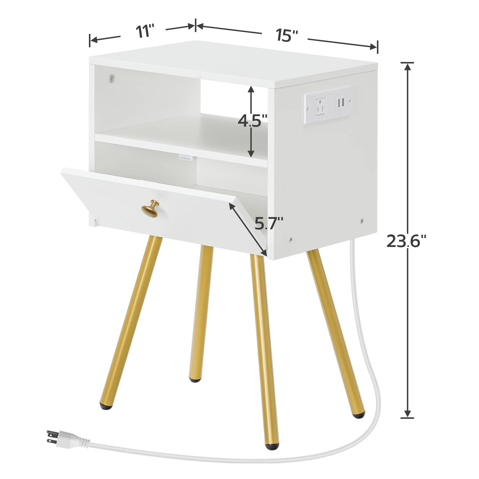 Nightstand with Charging Station, End Table with USB Ports and Outlet, Side Table for Tight Spaces, Solid and Stable