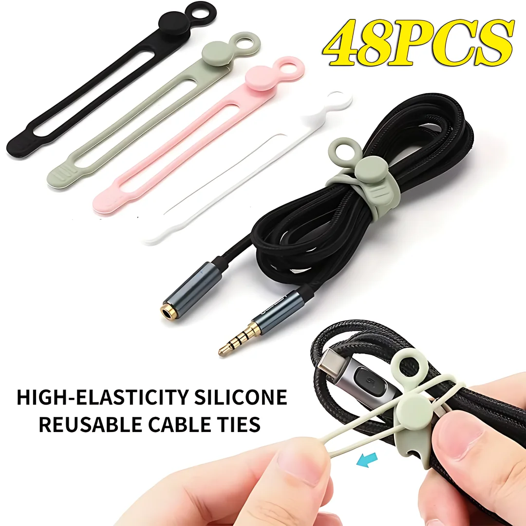 48PCS Multi-functional Cable Organizer Data Cable Organizer Tie Strap Elastic Silicone Charging Clip Hub Ties