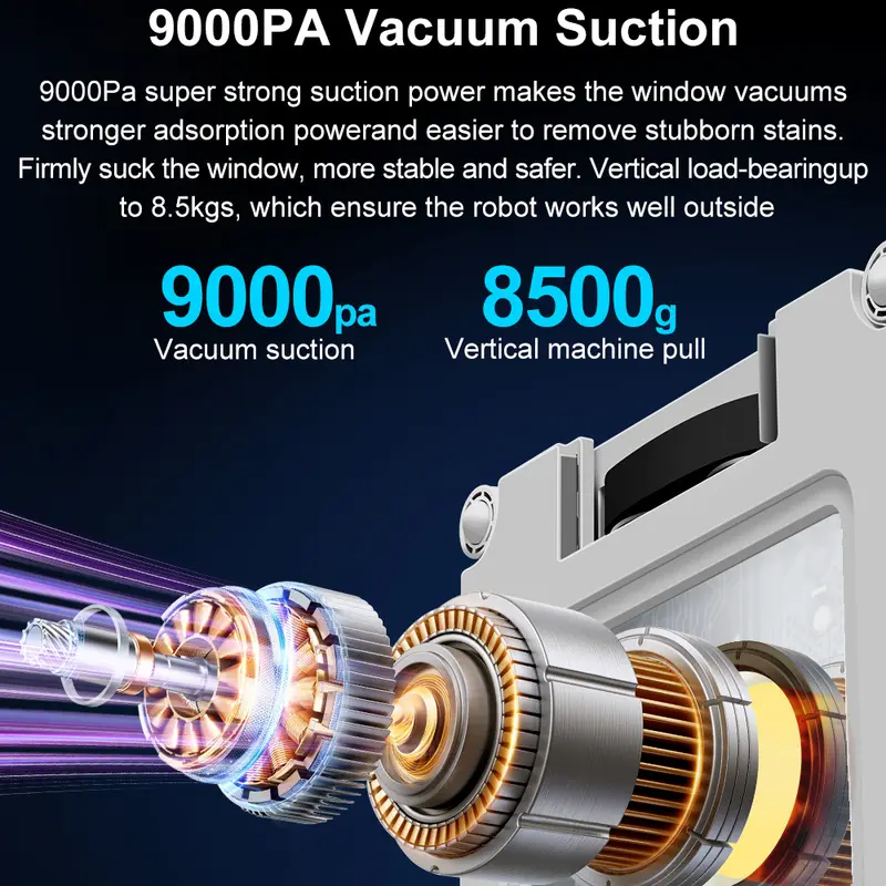 Robot Window Vacuum Cleaner ABIR WD9,4-Way Water Spray, Laser Sensor,9000PA Suction, Low Nosise,Wet Dry Scrape & Wipe in One - Image 4
