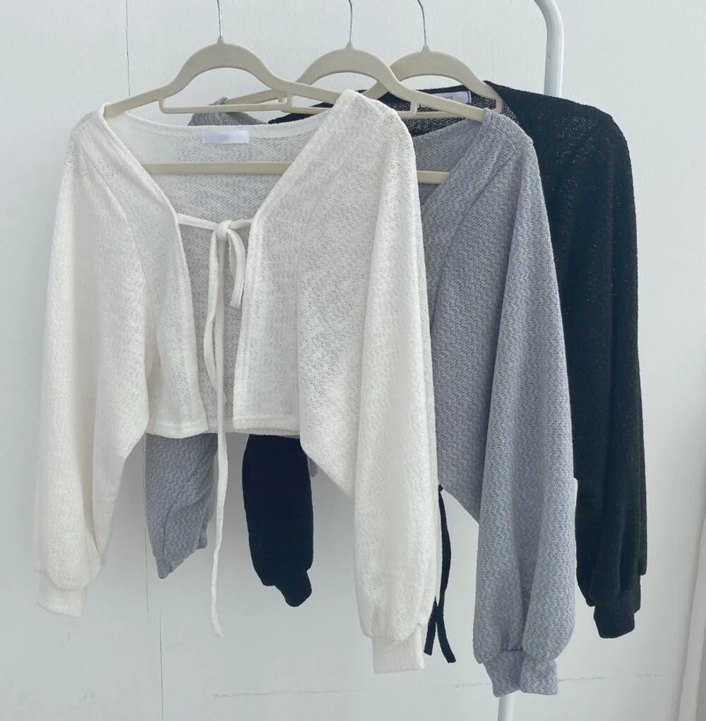 3 Colors Fashion Women Summer White Cardigan Sunscreen Lace-Up Knitwear Top Female Korean Style Lantern Sleeve Short Coat Woman - Image 2