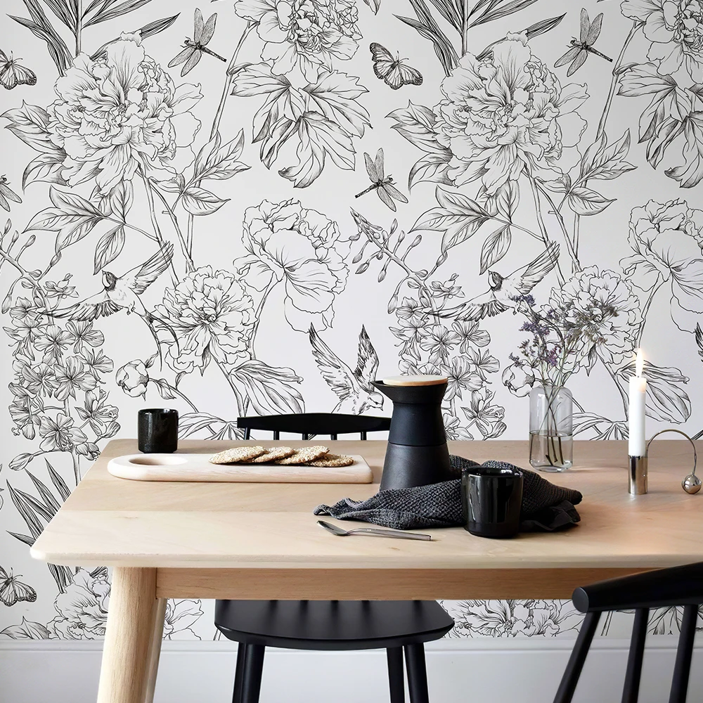 Retro Line Sketch Floral Wallpaper White And Black Flower PVC Furniture Cabinet Sticker Vintage Birds Removable Wall Decor