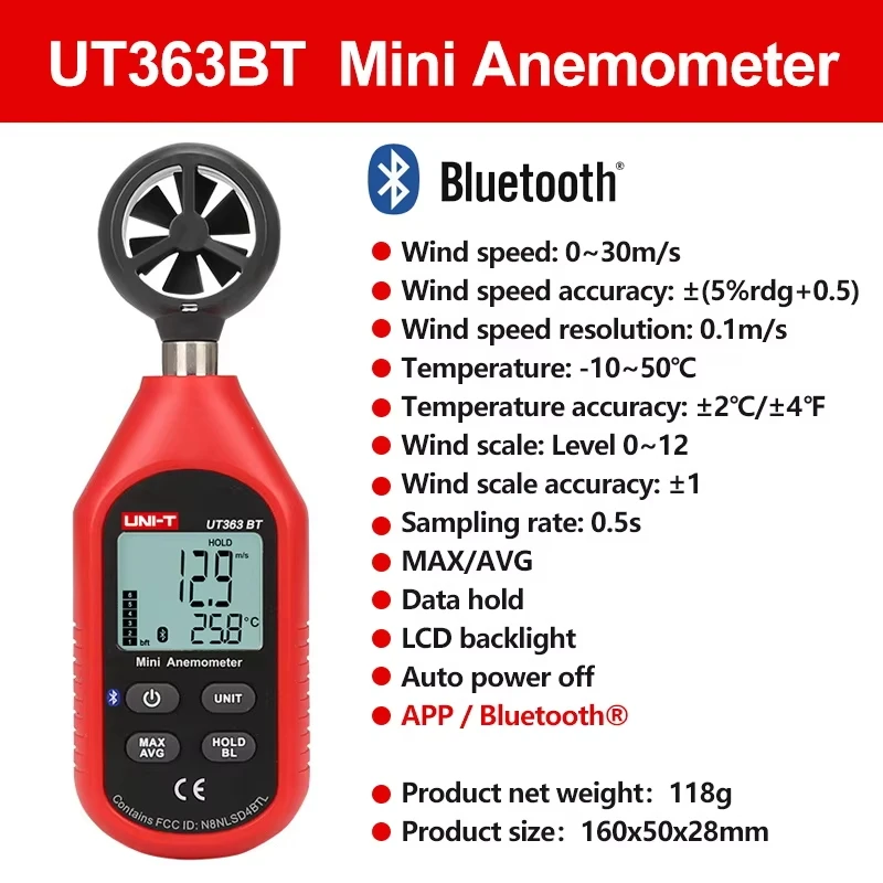 UNI-T UT363 UT363BT 휴대용 풍속계 디지털 풍속 측정 온도 테스터 LCD 디스플레이 공기 흐름 속도 풍속계