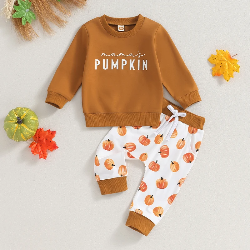 

2023-08-01 Lioraitiin 0-3T Halloween Baby Outfits Long Sleeve Letter Print Sweatshirt + Pumpkin Trousers Set Toddler 2Pc Clothes