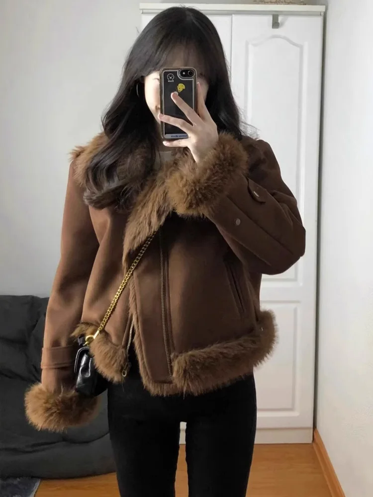 Jacket Coat Women's Green Stitching Lambswool Suede Short Warm Fashion Single-Breasted Turtleneck Zipper Fur Collar AutumnWinter